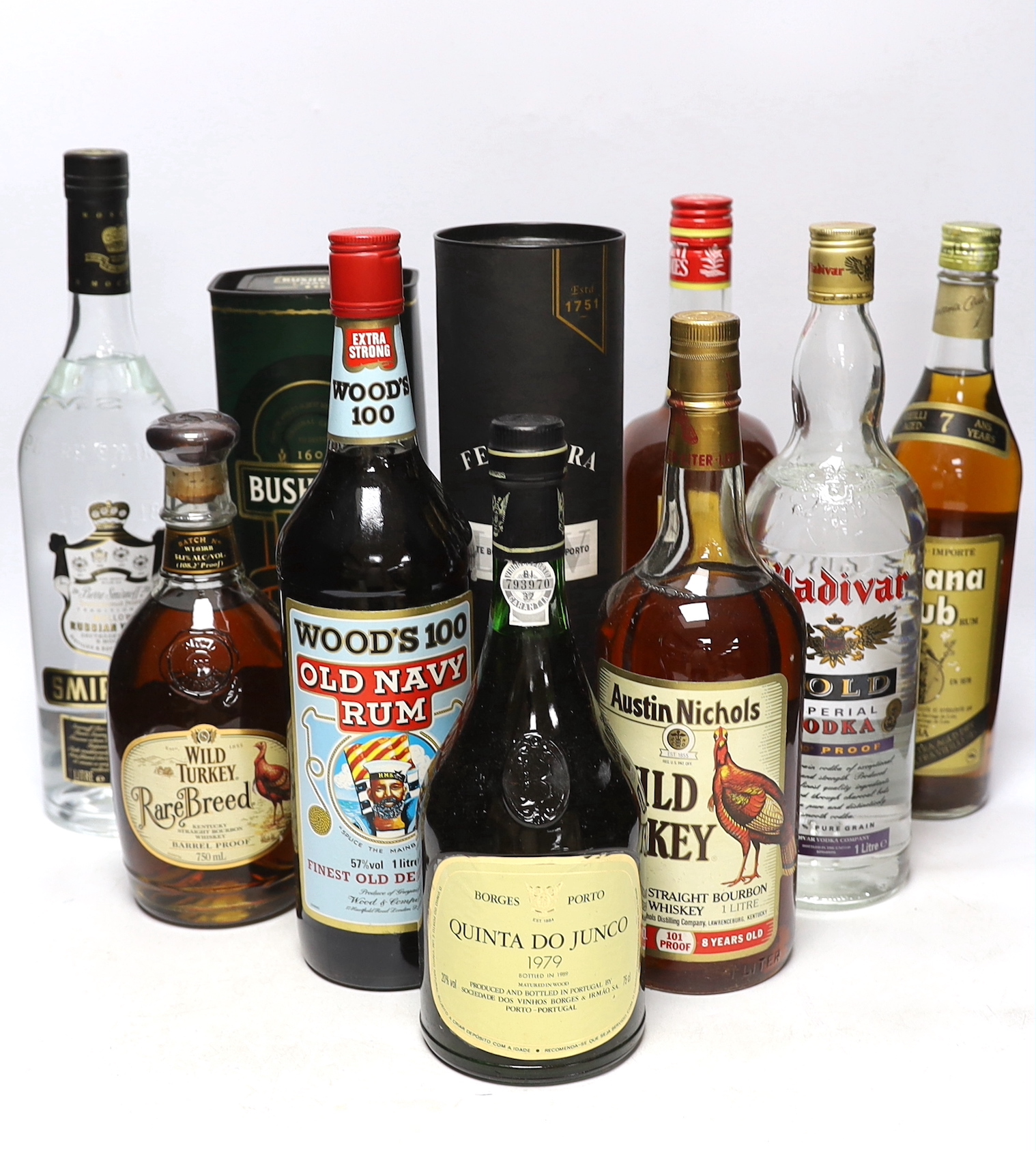 Ten bottles of assorted spirits including vodka and Rum